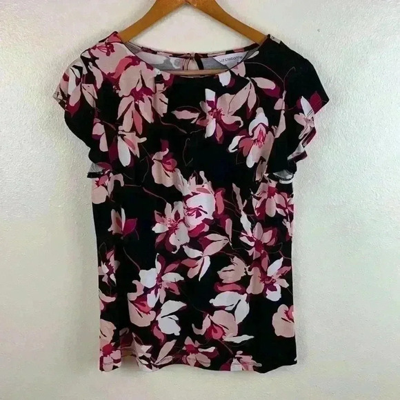 LIZ Claiborne black/floral short sleeve top with keyhole back closure. … - Picture 1 of 7